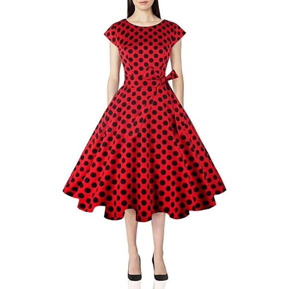 Women Red Boatneck Cap Sleeve Vintage Swing Cocktail Party Dress with Pockets - Picture 1 of 8